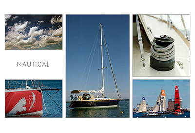 composite of nautical images, including Volvo Ocean Race yachts, a sail winch and Quintessance